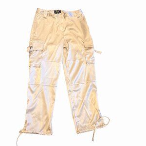 IDG Silver Metallic Cargo Pants Size 6P Y2K 2000s Gray Satin Drawstring Petite